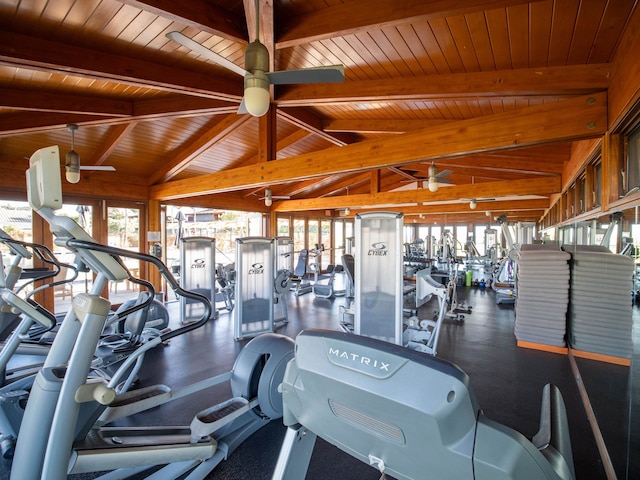 gym with wooden ceiling and lofted ceiling