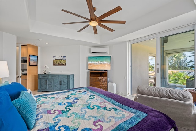 bedroom featuring ceiling fan, radiator, a raised ceiling, and an AC wall unit