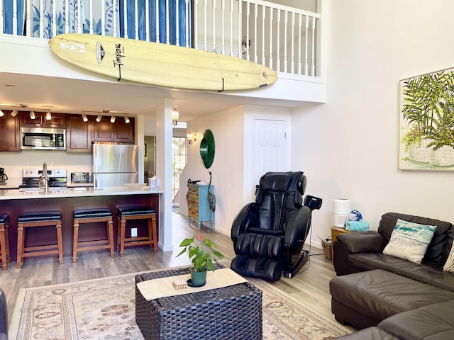 living room with a towering ceiling, sink, and light hardwood / wood-style floors