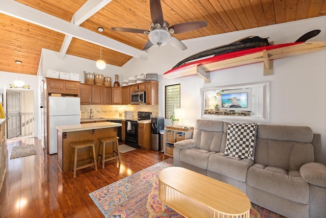 living room with sink, wood ceiling, ceiling fan, dark hardwood / wood-style floors, and lofted ceiling with beams