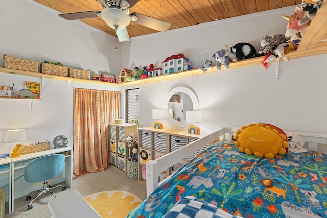 bedroom featuring light carpet, wooden ceiling, and ceiling fan