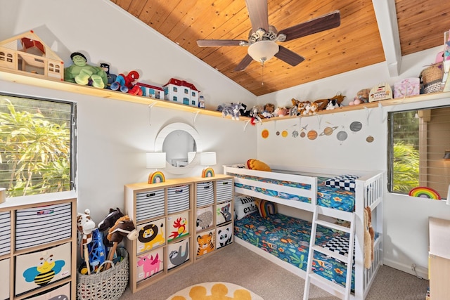 bedroom featuring ceiling fan, lofted ceiling, carpet, and wooden ceiling