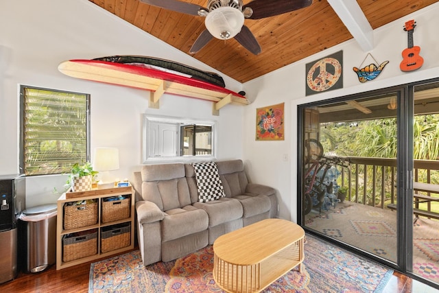 living room with vaulted ceiling with beams, ceiling fan, hardwood / wood-style floors, and wooden ceiling