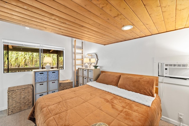 bedroom featuring wood ceiling and carpet flooring