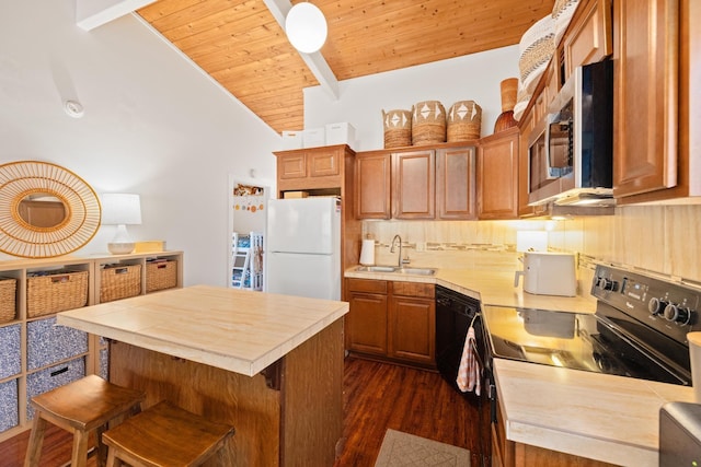 kitchen featuring tasteful backsplash, lofted ceiling with beams, sink, black appliances, and wooden ceiling