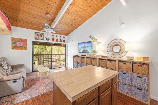 kitchen with a kitchen island, dark hardwood / wood-style floors, high vaulted ceiling, ceiling fan, and wooden ceiling