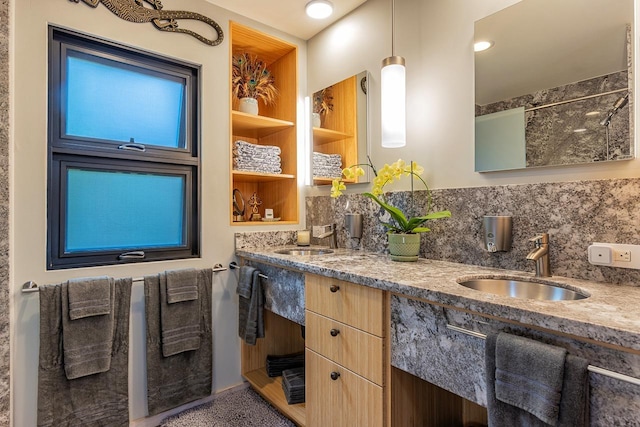3600 Wailea Alanui Dr Unit 1101, Kihei, HI 96753 - bathroom featuring double vanity, decorative backsplash, and a shower