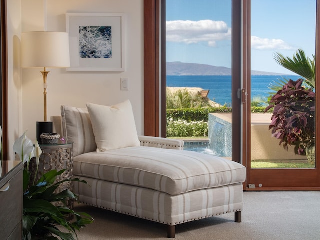 carpeted bedroom with a water and mountain view