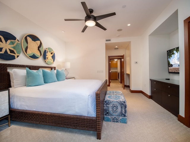 carpeted bedroom featuring ceiling fan