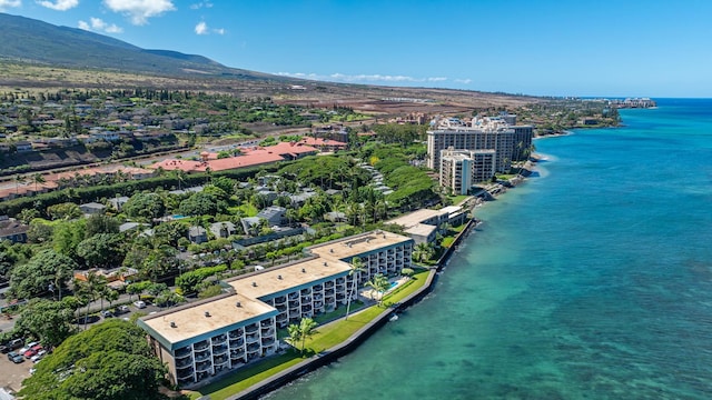 drone / aerial view with a water and mountain view