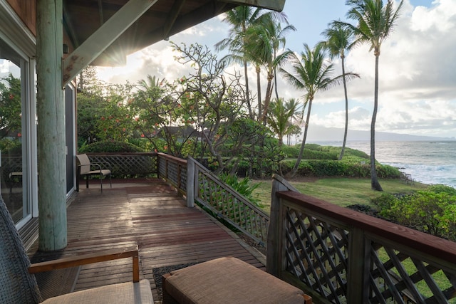 deck featuring a water view