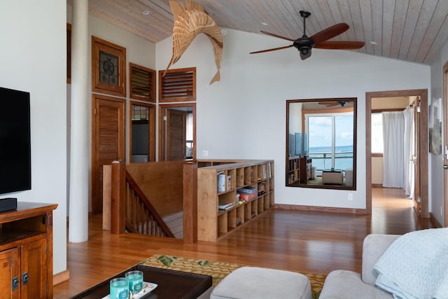 living room with wood-type flooring, lofted ceiling, ceiling fan, and wooden ceiling