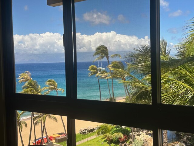 view of water feature with a beach view