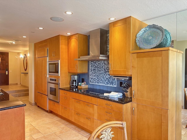 50 Nohea Kai Dr Unit 1-703, Lahaina, HI 96761 - kitchen with oven, wall chimney range hood, built in microwave, backsplash, and recessed lighting