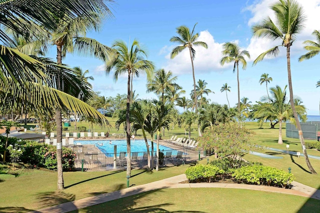 view of pool featuring a lawn