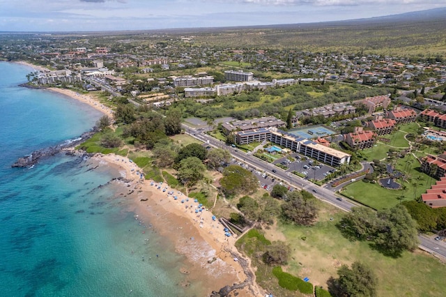 aerial view featuring a water view and a view of the beach