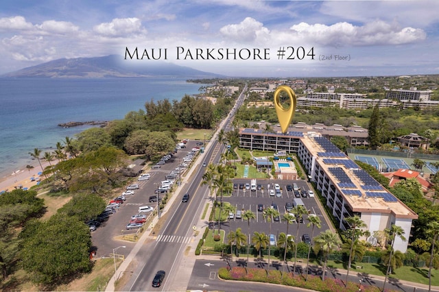 birds eye view of property featuring a water and mountain view