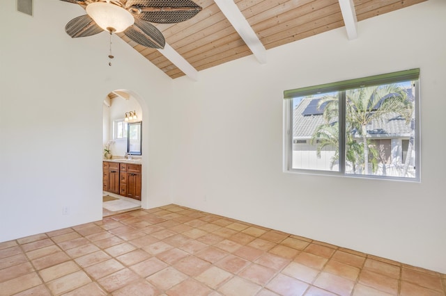 unfurnished room featuring arched walkways, vaulted ceiling with beams, visible vents, wood ceiling, and ceiling fan