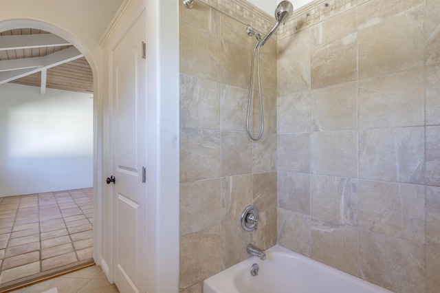 full bath featuring shower / bathtub combination, beamed ceiling, and tile patterned floors