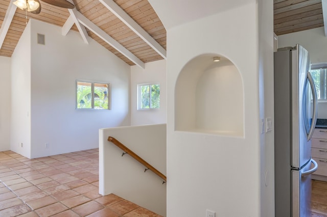 hall with vaulted ceiling with beams, wood ceiling, visible vents, and an upstairs landing