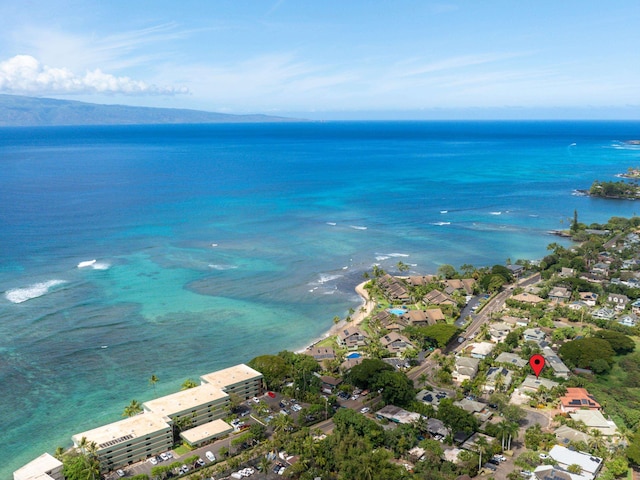 drone / aerial view with a water and mountain view