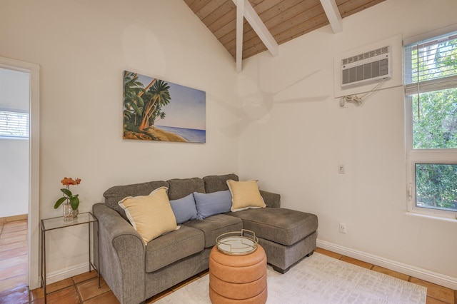 living area featuring lofted ceiling with beams, wooden ceiling, baseboards, and a wall mounted AC