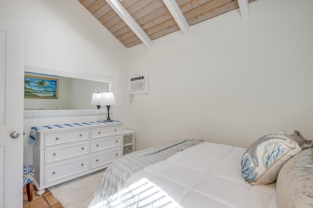 bedroom with a wall unit AC, vaulted ceiling with beams, wood ceiling, and light tile patterned floors