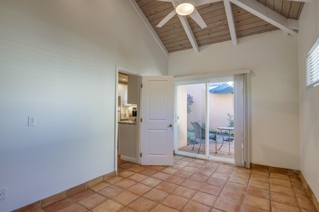 empty room featuring ceiling fan, high vaulted ceiling, wood ceiling, baseboards, and beamed ceiling