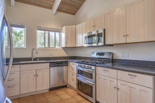 kitchen featuring lofted ceiling with beams, appliances with stainless steel finishes, a sink, dark stone counters, and wooden ceiling