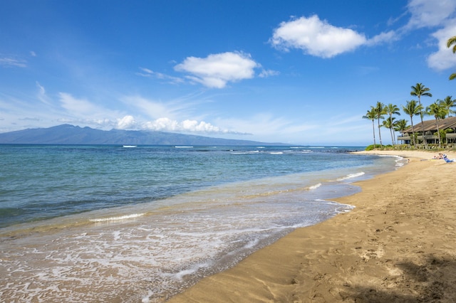 view of water feature with a view of the beach and a mountain view