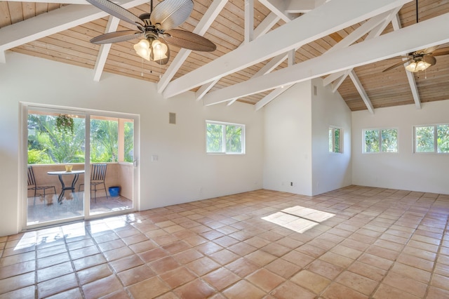 empty room with beam ceiling, wooden ceiling, and ceiling fan