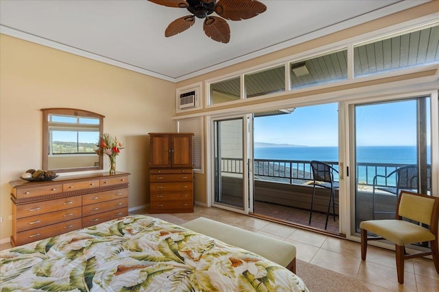 tiled bedroom featuring ceiling fan, a water view, access to outside, and crown molding