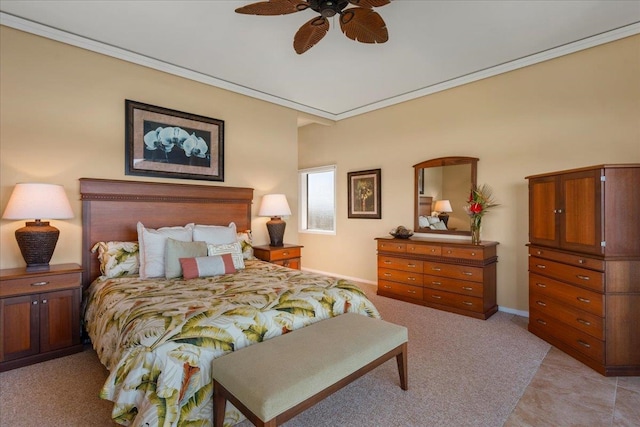 tiled bedroom featuring ceiling fan and crown molding