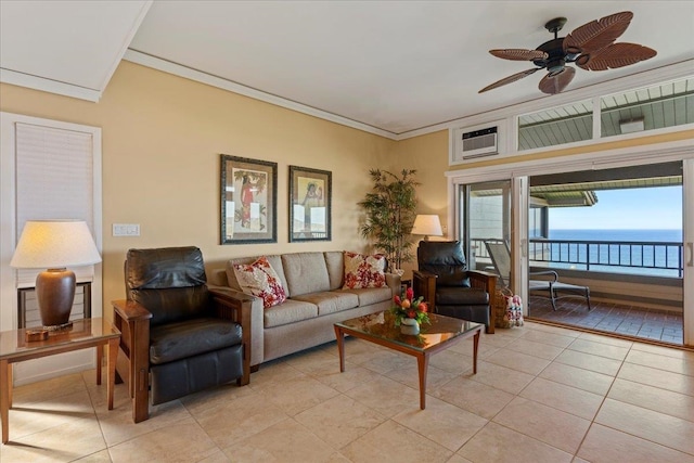 living room with light tile flooring, a water view, ceiling fan, and crown molding