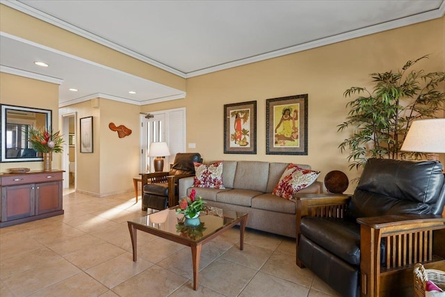 tiled living room with crown molding