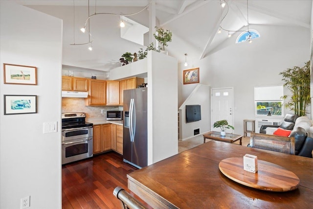 kitchen with high vaulted ceiling, tasteful backsplash, dark wood-type flooring, appliances with stainless steel finishes, and light brown cabinetry