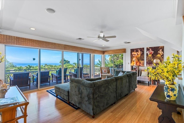 living room with light hardwood / wood-style floors and ceiling fan