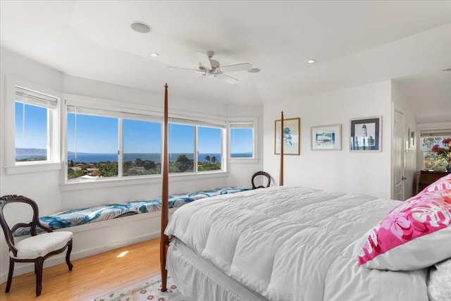 bedroom featuring wood-type flooring and ceiling fan