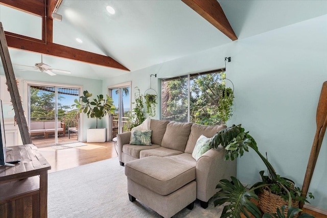 living room featuring ceiling fan, vaulted ceiling with beams, and wood-type flooring