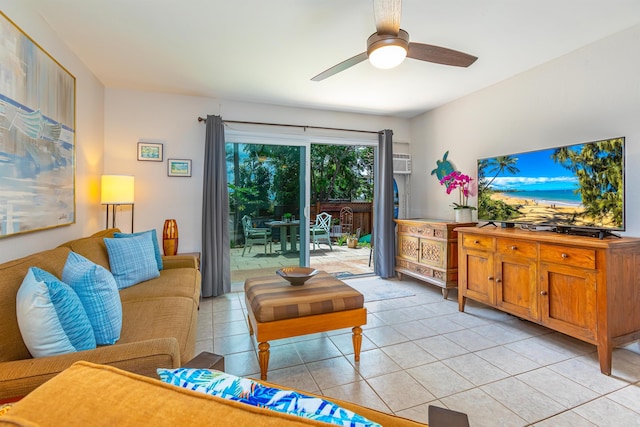 living room with light tile patterned floors and ceiling fan