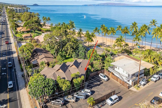 aerial view featuring a beach view and a water view