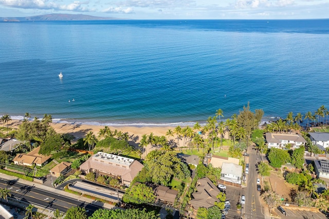 aerial view featuring a water view and a view of the beach