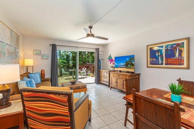 living room with ceiling fan and light tile patterned floors