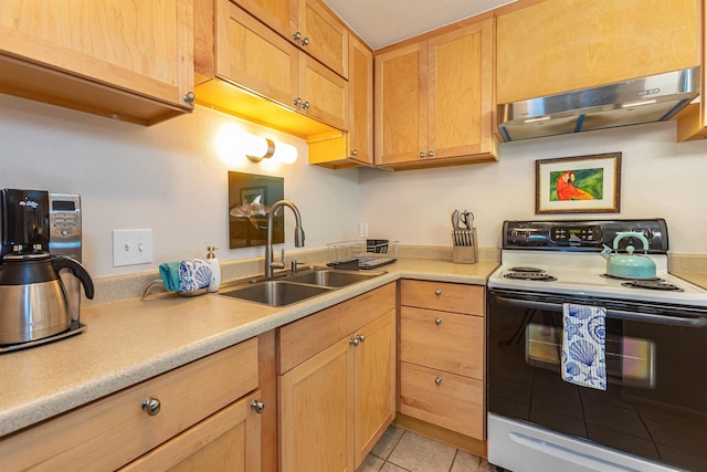 kitchen featuring electric range, sink, light brown cabinets, extractor fan, and light tile patterned floors