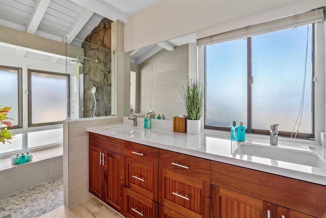 bathroom featuring wood-type flooring, a shower, wooden ceiling, vaulted ceiling with beams, and vanity