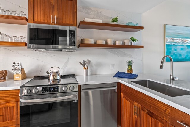 kitchen featuring sink, appliances with stainless steel finishes, and tasteful backsplash