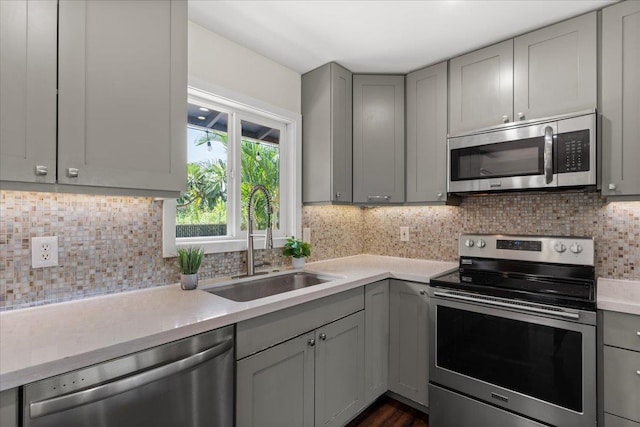 kitchen featuring gray cabinets, appliances with stainless steel finishes, sink, and backsplash