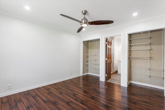 unfurnished bedroom with ornamental molding, ceiling fan, and dark hardwood / wood-style flooring