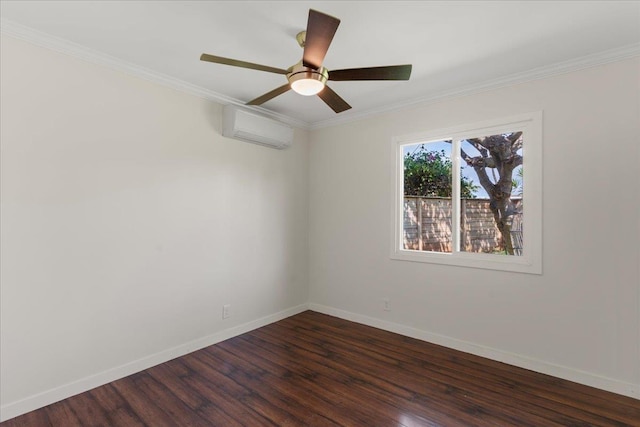 spare room featuring crown molding, ceiling fan, dark hardwood / wood-style flooring, and an AC wall unit