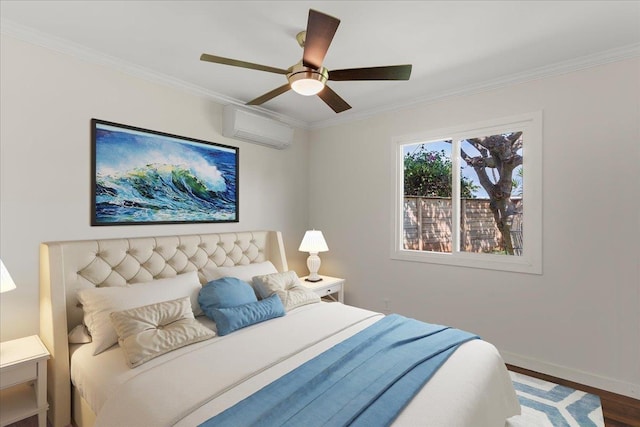 bedroom with a wall mounted air conditioner, crown molding, hardwood / wood-style floors, and ceiling fan